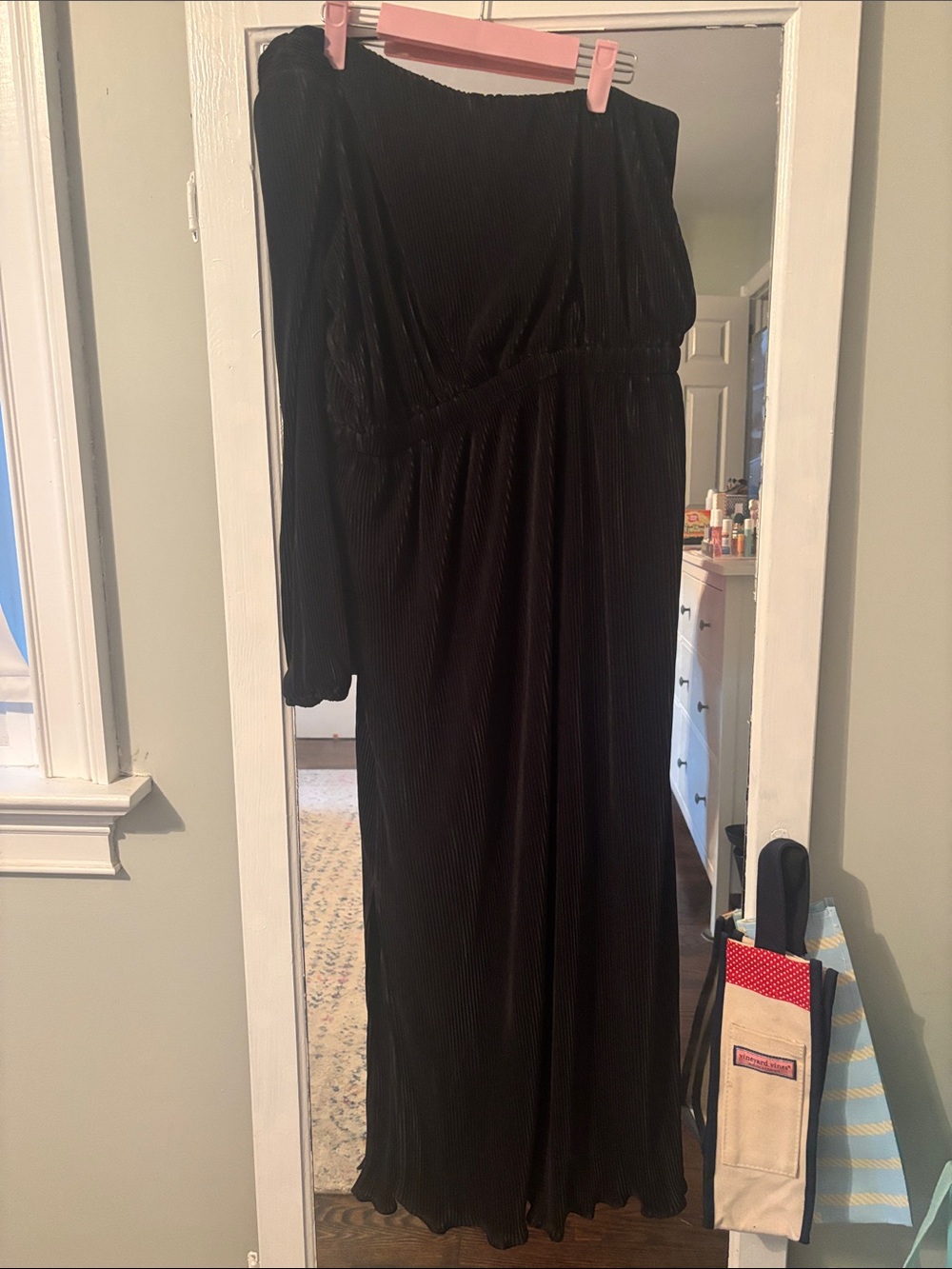 Petal & Pup One-Shoulder Black Pleated Maxi Dress